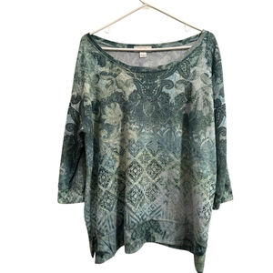 CJ Banks 1X Sparkle Paisley Tunic Blouse Womens Embellished Short Sleeves Green
